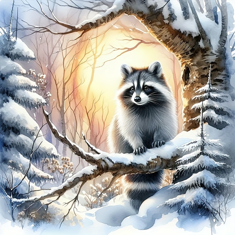 

5d Diamond Painting Kit - Winter Raccoon Landscape Theme With Round Diamonds, Canvas Art Set For Beginners, Diy Craft Wall Decor (40cm X 40cm)