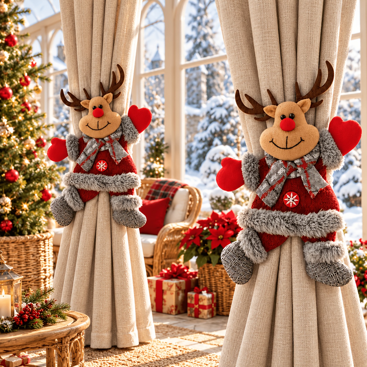 TEMU 2pcs Christmas Curtain Tiebacks, Felt Santa Claus Snowman Reindeer Brown Bear Plush Doll Curtain Ties, Large Size Christmas Window Decor, Home