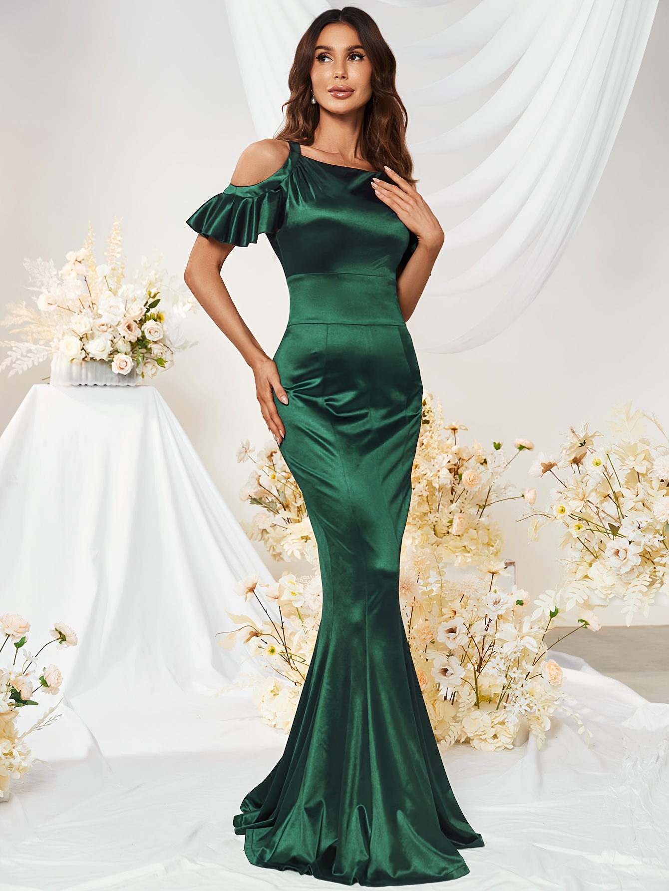 emerald green satin shoulder ruffle sleeve mermaid gown Temu