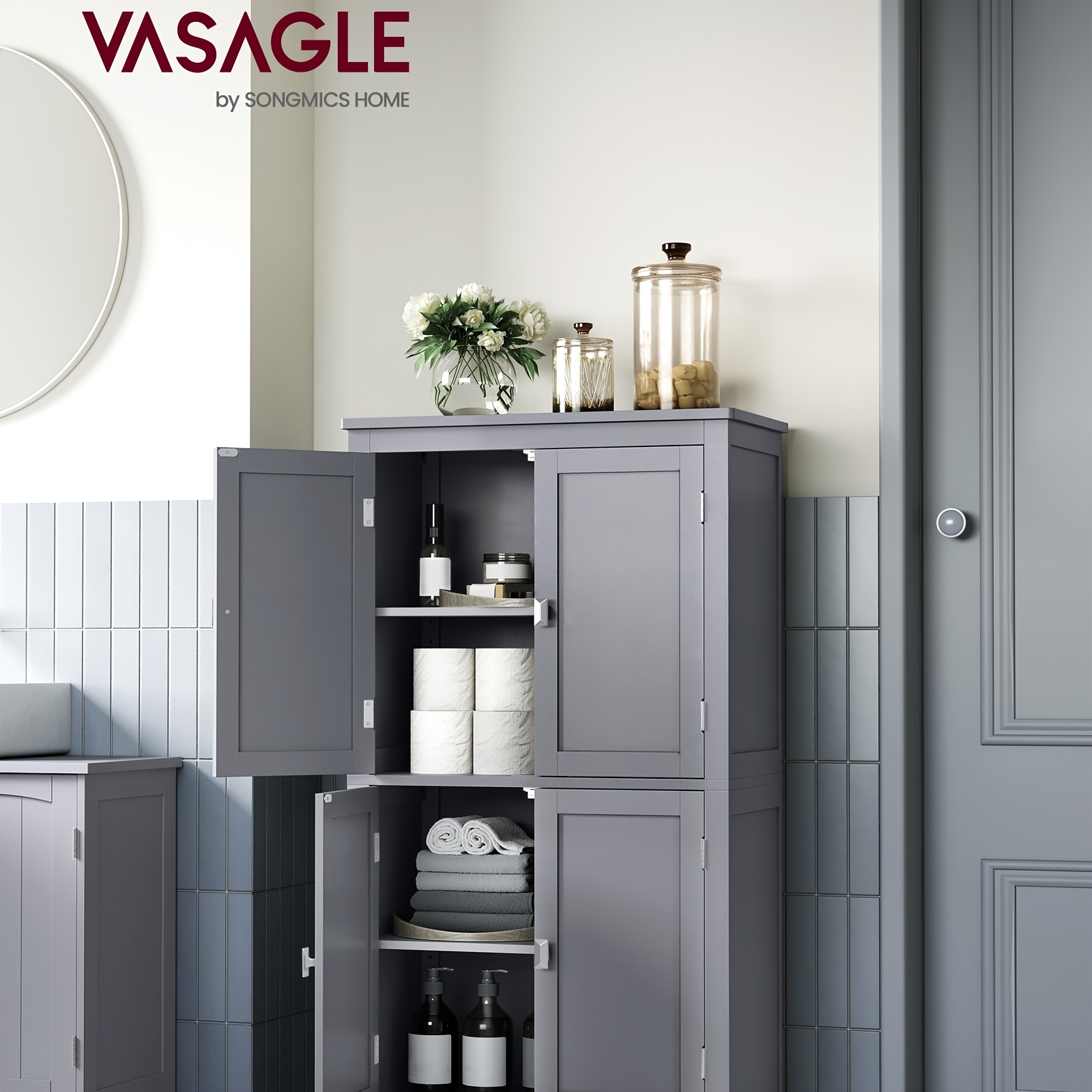 E-shop Badezimmer Schrank, Badezimmer Aufbewahrungsunit, Küchenschrank, Freistehender Schrank mit 4 Türen, Verstellbare Regale, 30 X 60 X 110 Cm,