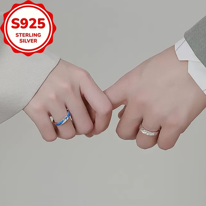 2pcs S925 Silver Couple Open Ring Resin Band Set