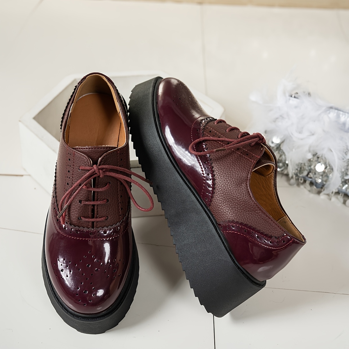 womens burgundy lace brogues comfortable platform - Temu