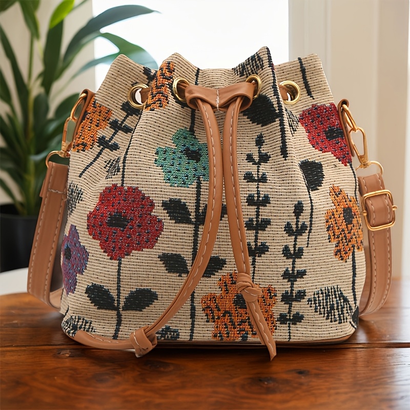 

1pc Sac à bandoulière vintage à imprimé floral, sangle réglable, fermeture à cordon, doublure en polyester, sac à main décontracté pour femmes, idéal pour un et les fêtes, pour elle.