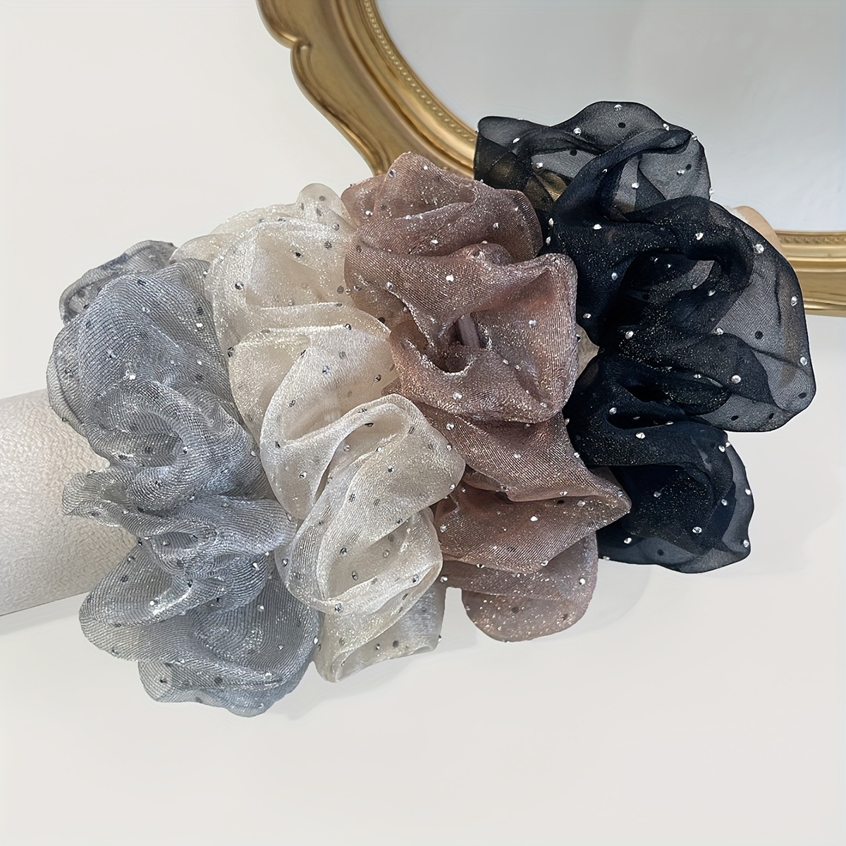 

Elegant Minimalist Fabric Hair Ties With Rhinestone Detail - Set Of 4 High Elasticity Solid Color Hair Rings For Women And Girls 14+ Years - French Romantic Style Large Intestine Hair Scrunchies Pack