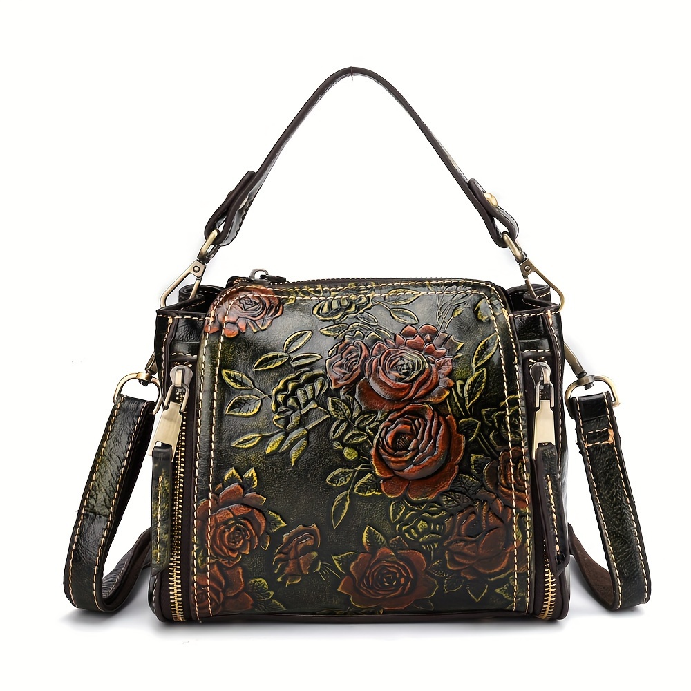 

Women's Retro Genuine Leather Shoulder Bag, Vintage Floral Embossed Crossbody Purse, Elegant Handbag With Adjustable Strap
