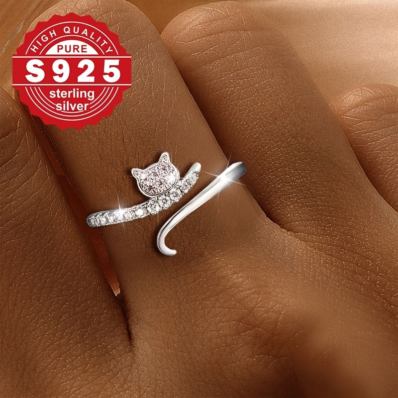 TEMU 's , S925 Sterling Silvery Ring, Design, Inlaid With Synthetic Zirconia, Cute And Unique, Suitable Music Festivals And Parties, Hypoallergenic