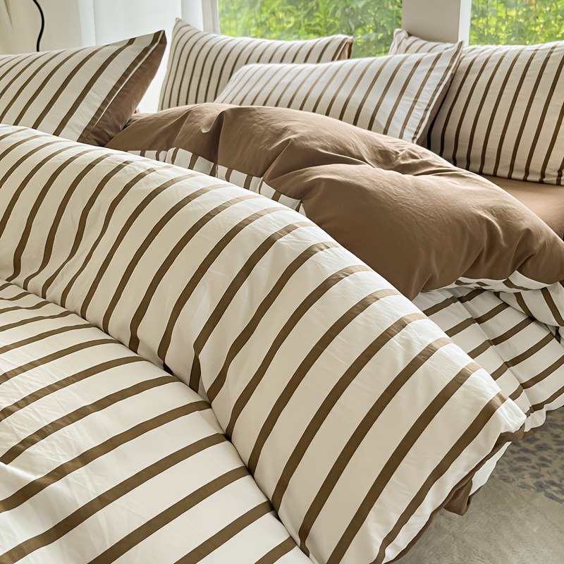 TEMU 4 pièces de housse de couette (1*housse de couette + 1*drap-housse + 2*taies d'oreiller, remplissage) ensemble de literie imprimé à rayures