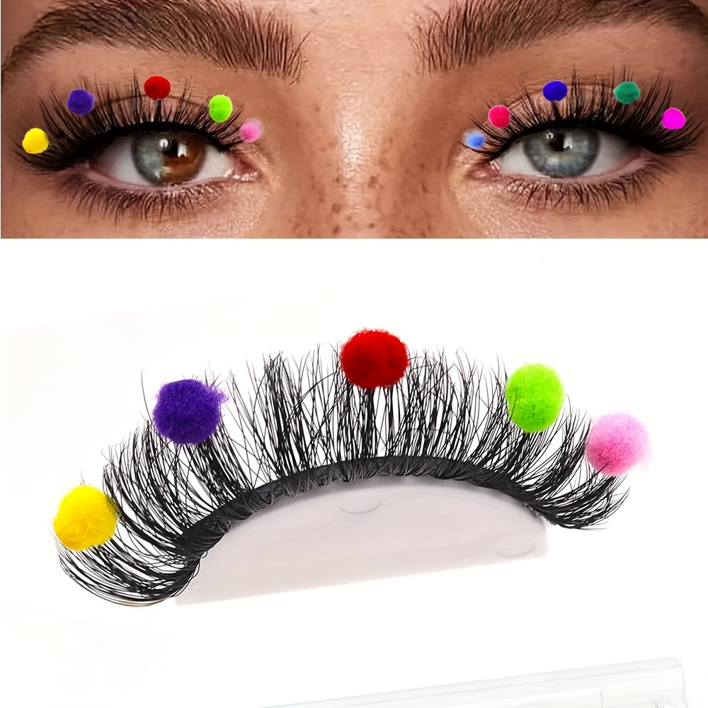 Image of 1 Pair Glittering Rhinestone False Eyelashes Colorful Pom-pom Eyelashes D Thick Suitable For Weddings, Parties And Holidays Halloween Christmas Synthetic Fiber False Eyelashes