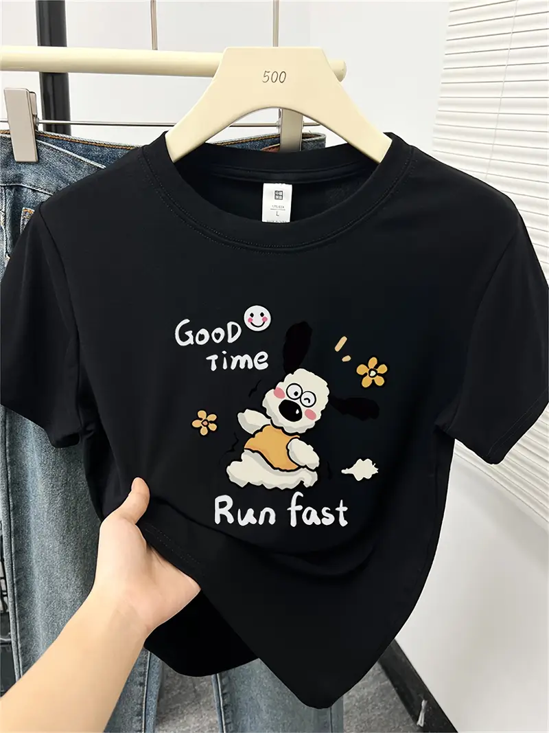 womens 2025 new korean style shoulder t shirt cute cartoon dog floral graphic print light grey round neck short sleeve top for spring summer casual wear spring fashion design machine washable Product details 3