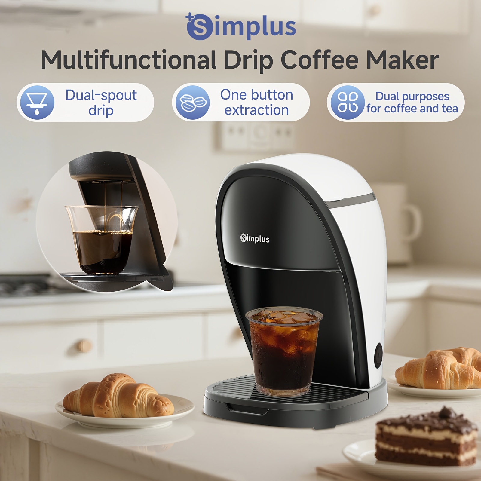 TEMU Simplus Multifunctional Drip Coffee Maker, Dual Spout 6-hole Shower Head, 250ml Water Tank, 4 Min Blooming Extraction, Tea Coffee 2-in-1, ,