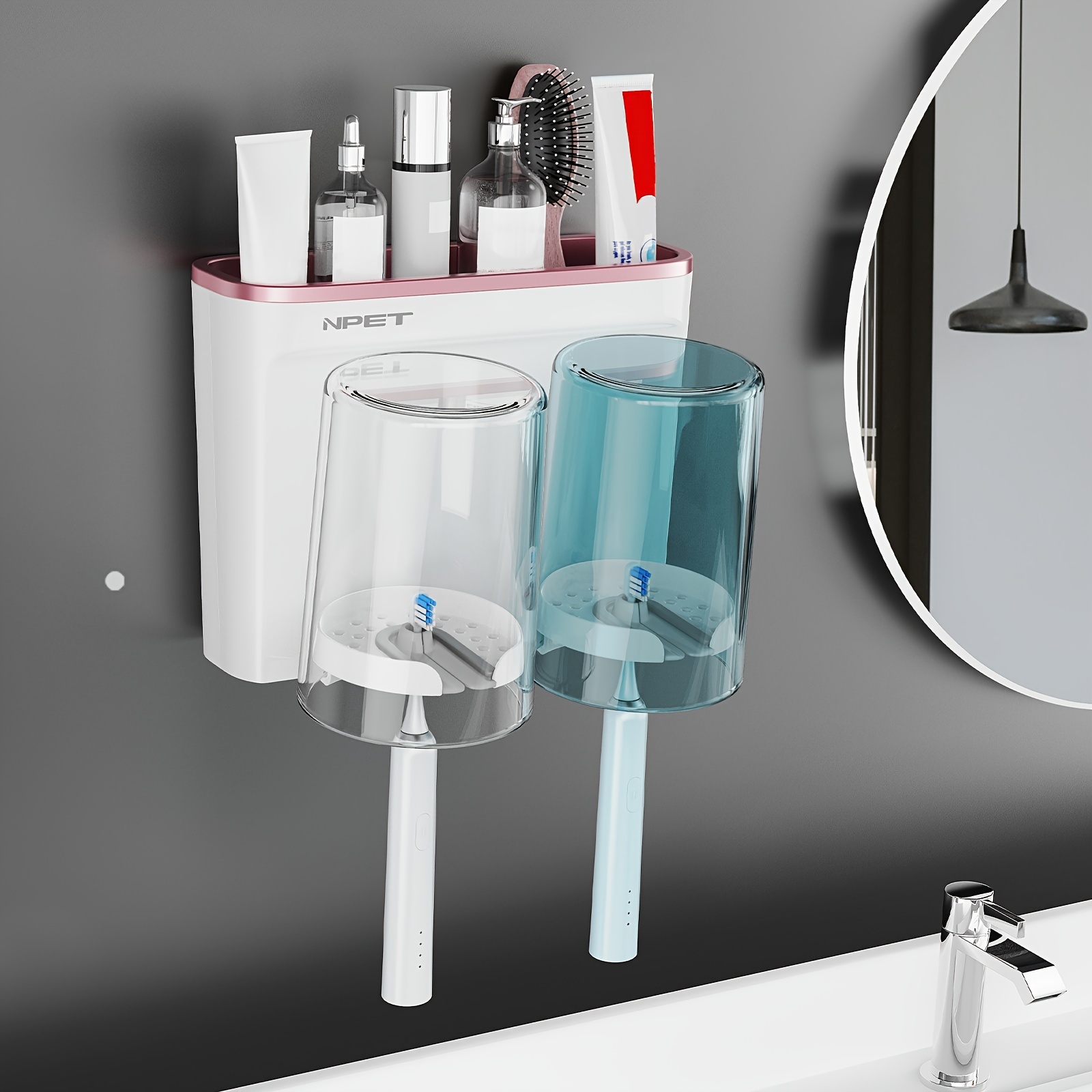 

Npet Toothbrush Holder Wall Mounted With Toothbrush Cups, Toothbrush And Toothpaste Holder For Bathroom, Easy To Clean, Space-saving, Design