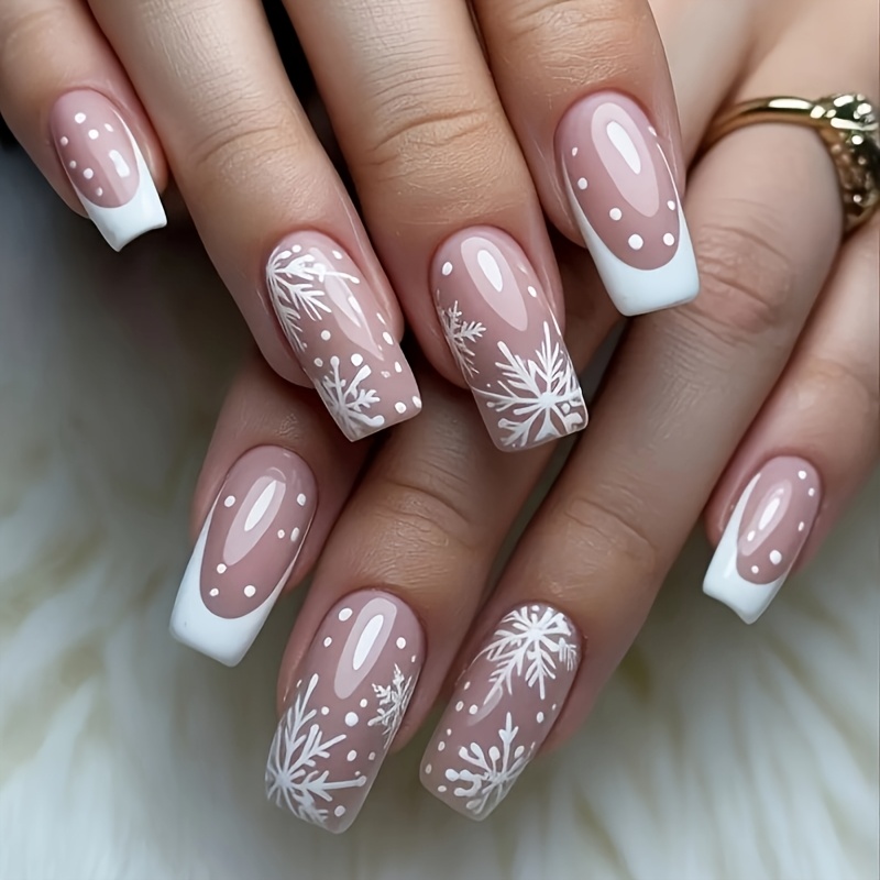 TEMU 24pcs Christmas Snowflake Nail Wraps -on Nails Suitable For , Nail Art With Snowflake & Glossy, Removable Square Medium Length Nail Tips For