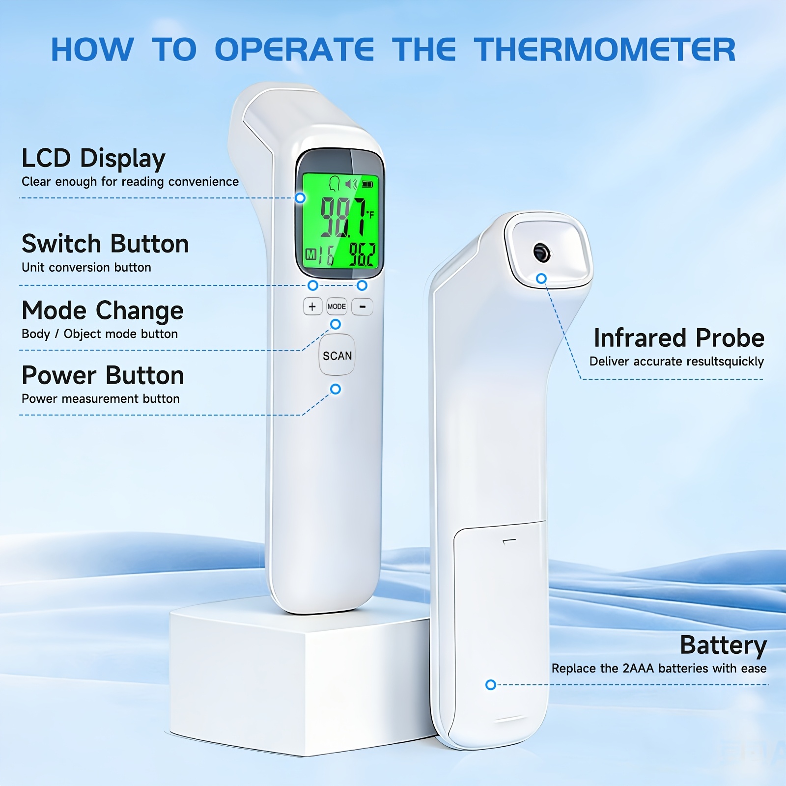 Puzxo Non-contact Thermometer, Suitable for Forehead And Object Surface, Accurate Reading In 1 Second, Equipped with LCD Display, 32 Sets Of Memory, Both Home And Clinical Use - Image 3