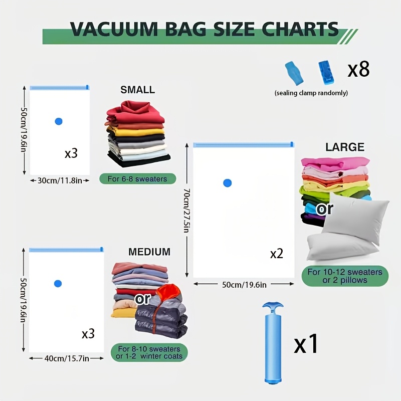 TEMU 17pcs-including (3pcs , 3pcs M-size, 2pcs L-size Compression Bags And 8pcs Sealing Clips, 1pc Manual Pump), Space-saving Bags, Compression Bags,