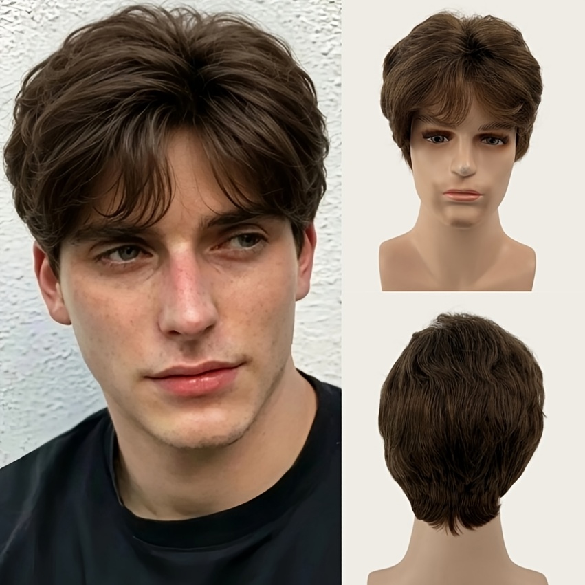 Image of Men's Dark Brown Layered Short Wig Fluffy Wavy Hair Breathable Wigs For Daily Dating Party Cosplay