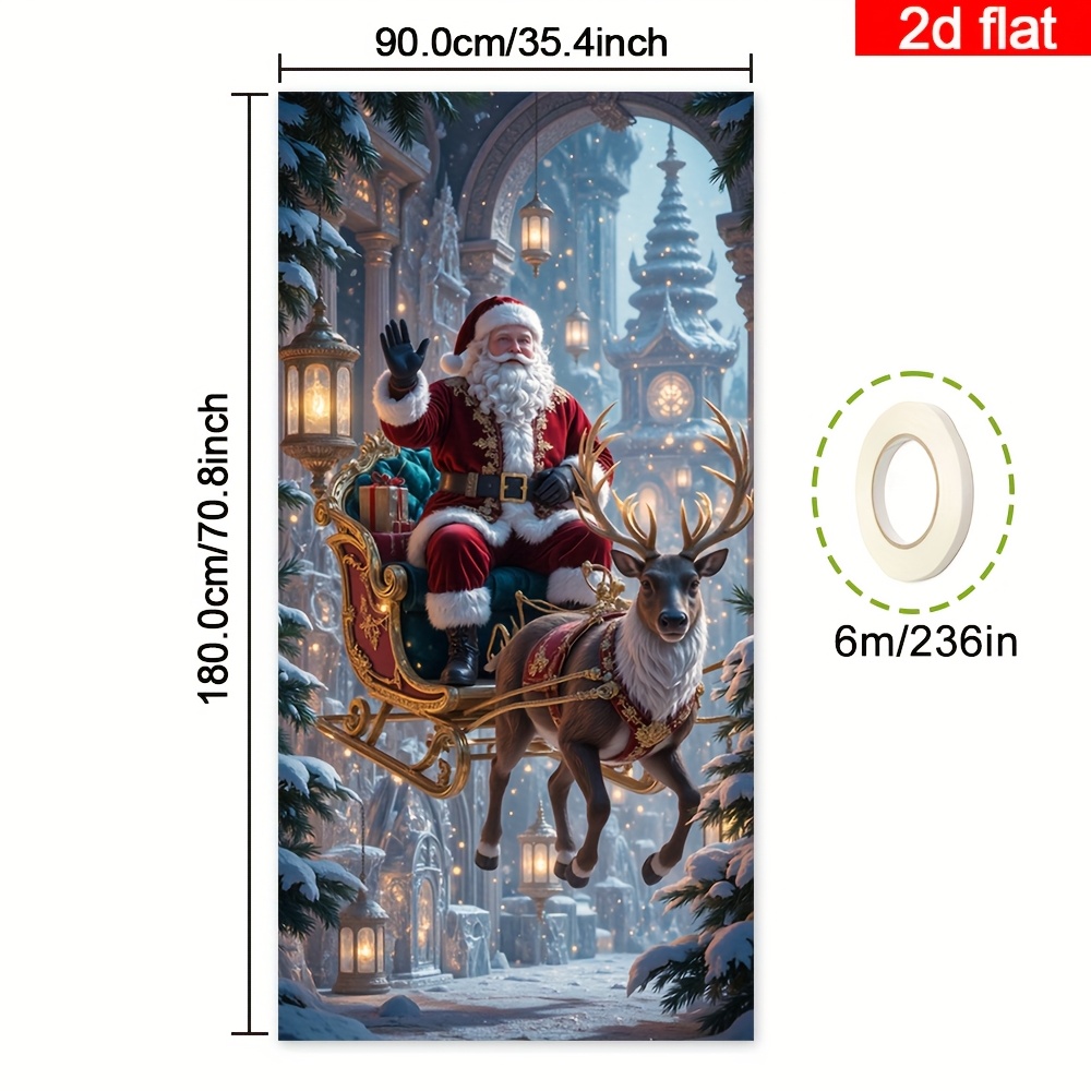 TEMU 2d Flat, 2d Door Banner, 2d Flat Banner, 1pc Christmas Door Cover,, Festive Santa Sleigh Ride, Gilded Reindeer, Luxe Holiday Decor For Front