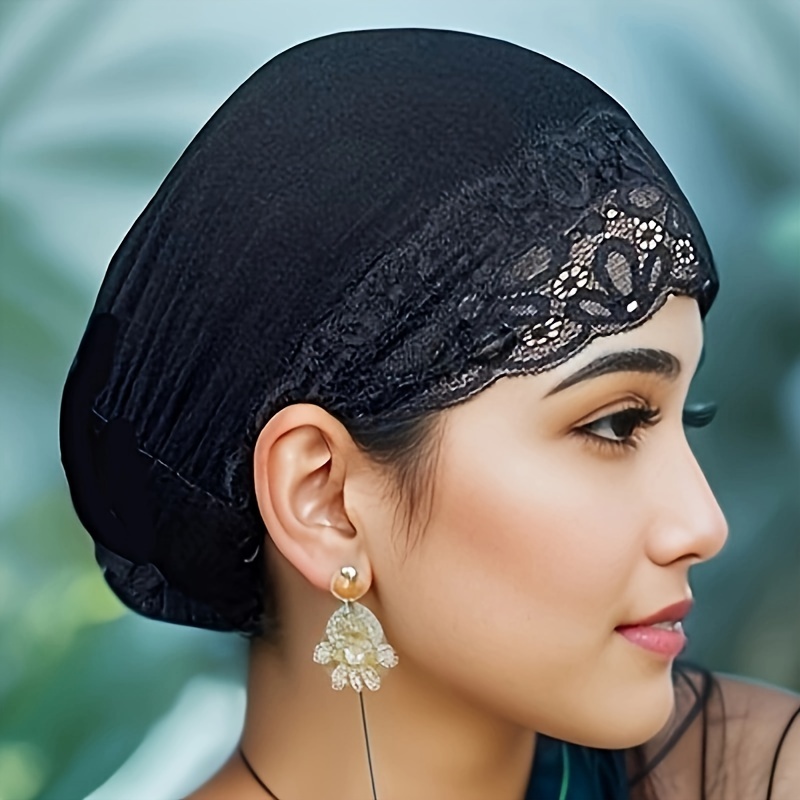 

Elegant Polyester With Jacquard Lace For Women, Elastic Drawstring Hair Bonnet Cap, Breathable Fitted Headscarf For Ramadan, Religious Theme