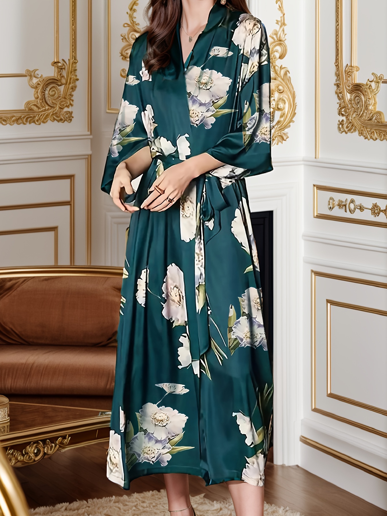 womens floral print robe elegant romantic long sleeve satin bathrobe loose casual sleepwear   v neck polyester   adult woven fabric