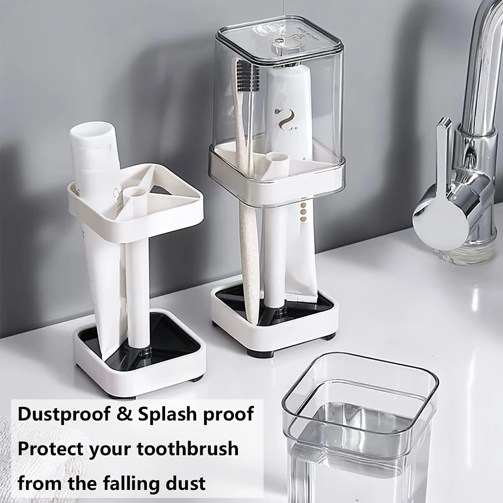 toothbrush holder with cup cover compatible with conventional toothbrushes can store toothpaste toothbrush holder 3 slots toothbrush and toothpaste holder bathroom counter organizer for electric toothbrushes floss razors for family details 3