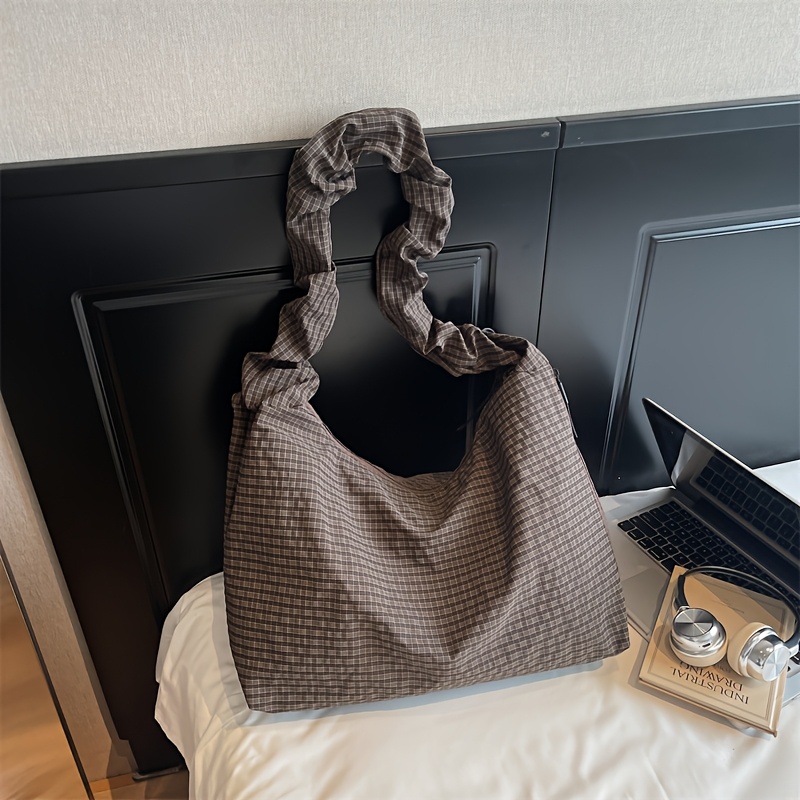 TEMU Women' Large Capacity Tote Bag Compatible For Japan/korea Line - Retro Plaid Shopper With Wide Ruched Strap, Grid Pattern, Zipper Closure & -