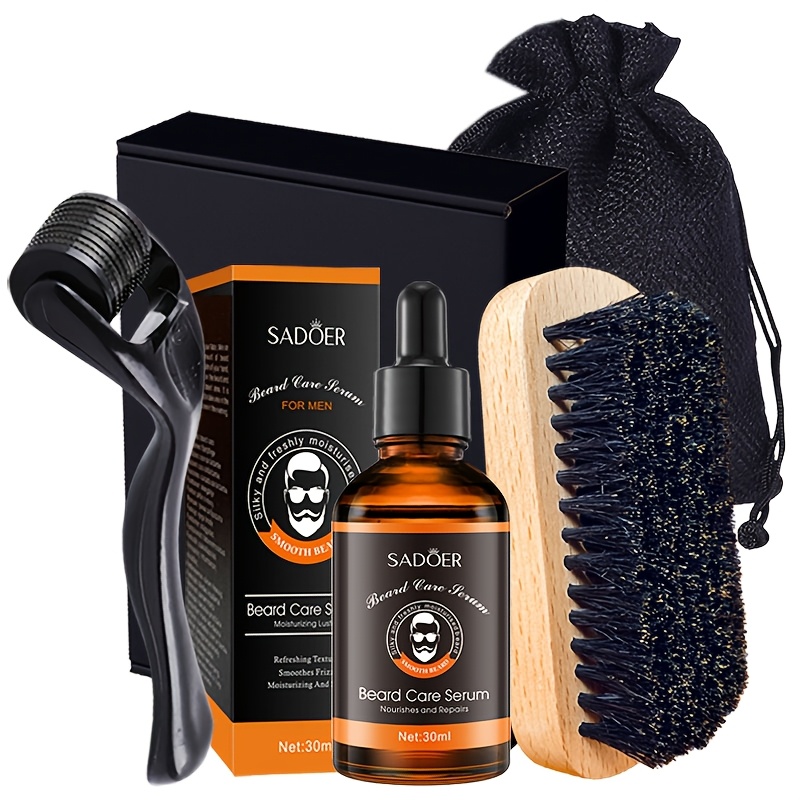 Image of Men's Beard Grooming Kit With Beard Oil, 0.25mm Beard Roller, And Brush - Perfect Gift For Father's Day, Christmas, Valentine's Day