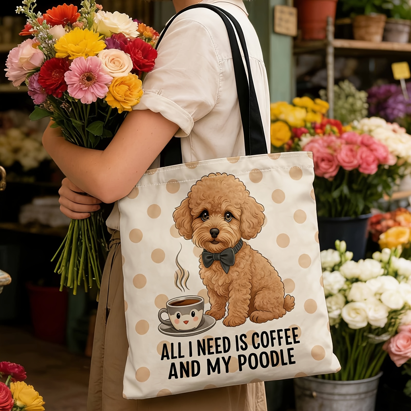 TEMU 1pc Shopper Bag, Bag, Solid Tote Bag, Reusable Fashionable Shopping Bag, Adorable Poodle, Steaming Latte, Polka Dot Background, Suitable For