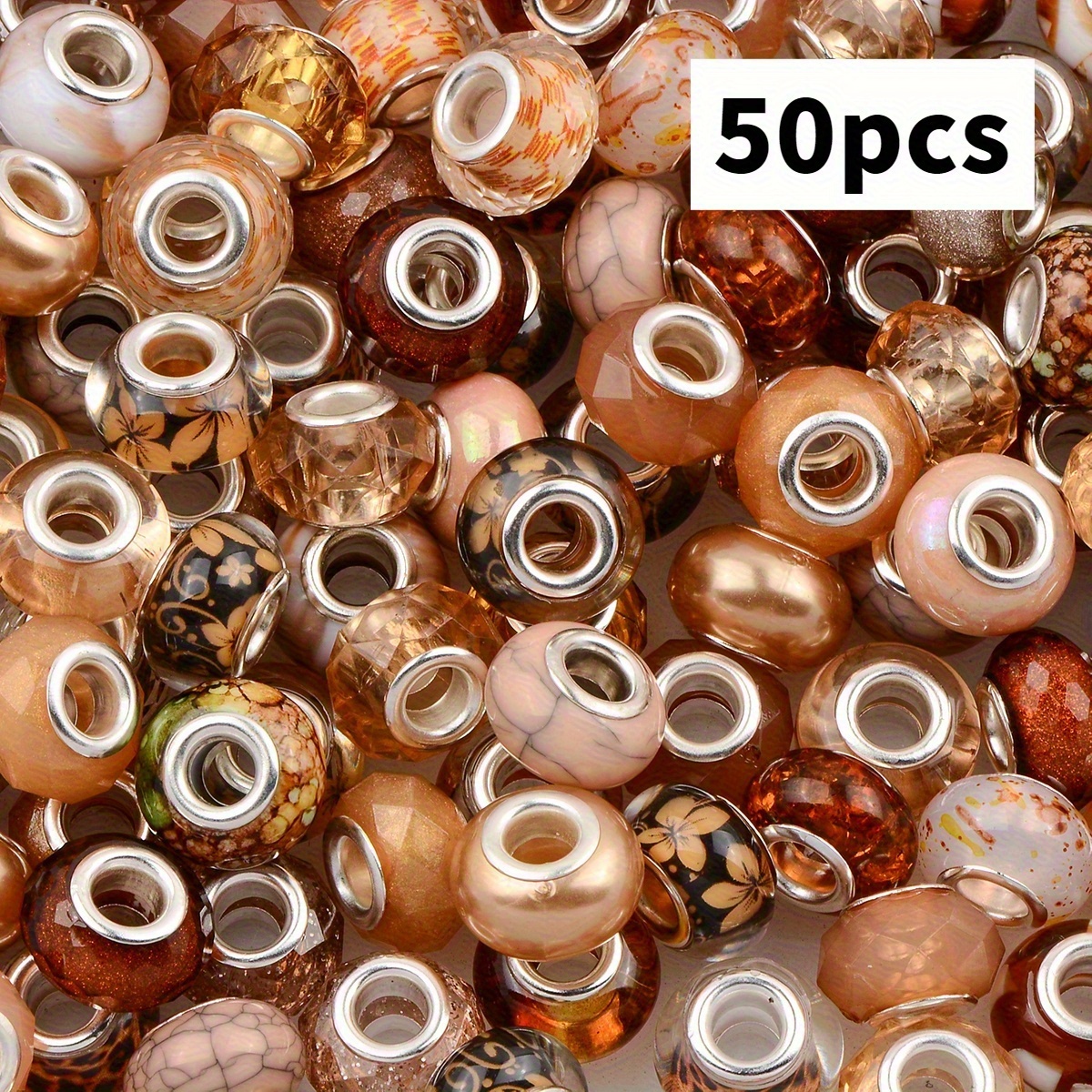 TEMU 50pcs Random Styles Large Hole Spacer Bead Set - Acrylic Coffee Series Large Hole Beads, With Patterns, Marble, Spot Designs And , For Bead Pen