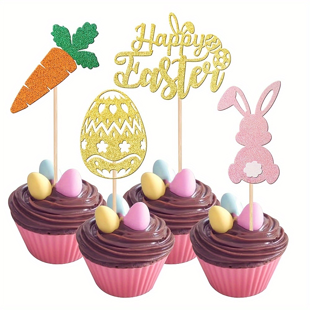 

24pcs Glitter Cupcake Toppers Rabbit Carrot Bunny Egg Cupcake Picks Theme Birthday Party Cake Decorations Supplies