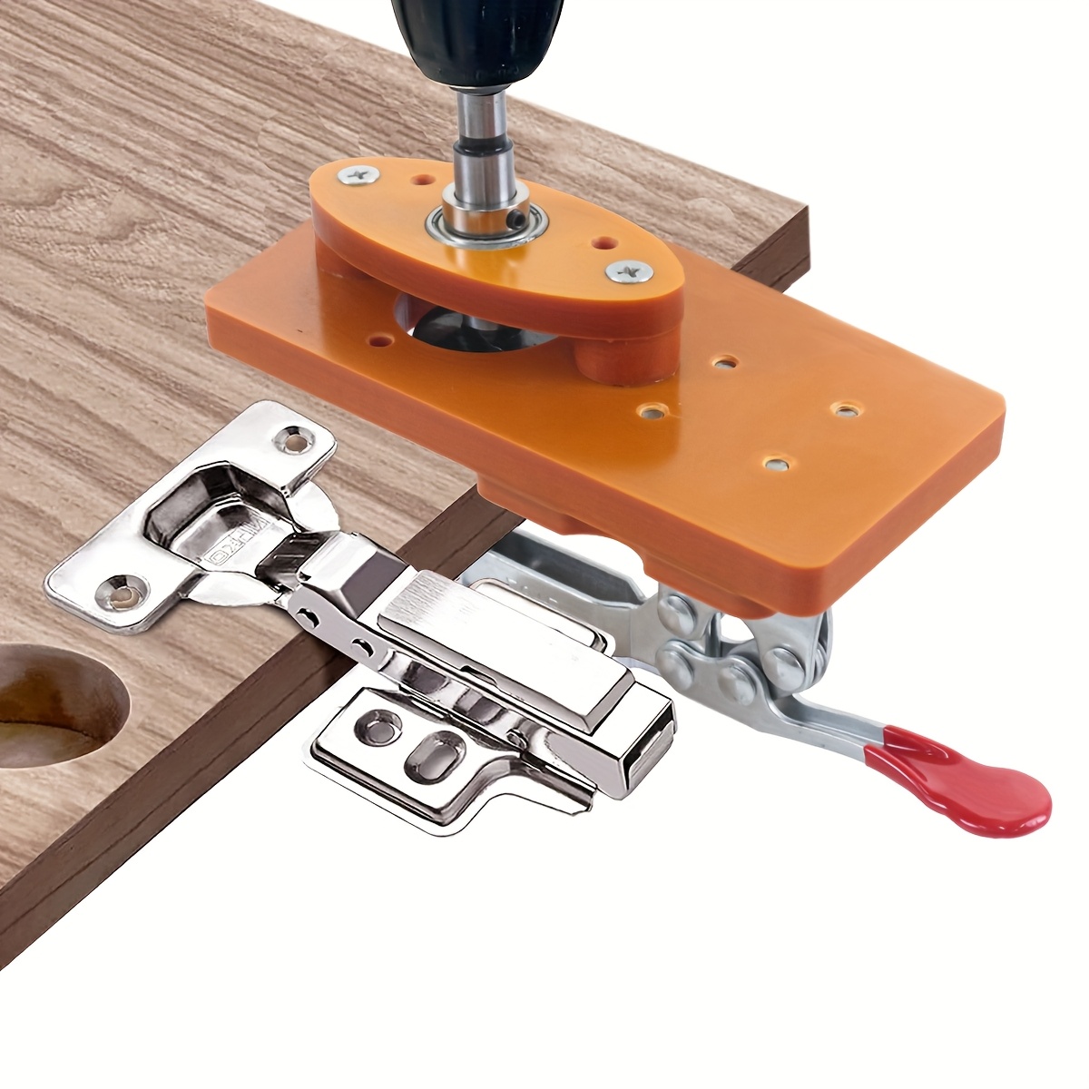 35mm Concealed Hinge Jig Kit – Woodworking Cutting Template With Carbide Drill Bit, ABS Guide, For Cabinet, Door & Window Hinge Installation, Round Shank 8mm, Includes Wrench & Screws