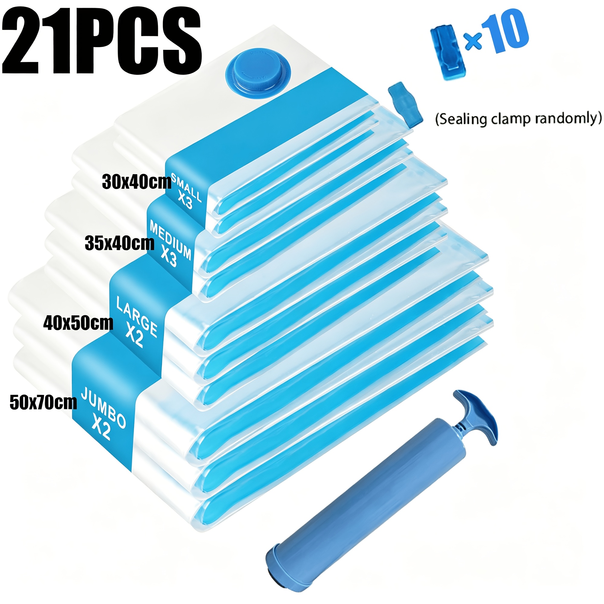 TEMU 21pcs Vacuum Storage Bag Set With Sealing Clips And Hand Pump – 2 Xl, 2l, , 3 S + 10 Sealing Clips + Hand Pump – Space-saving, Suitable For