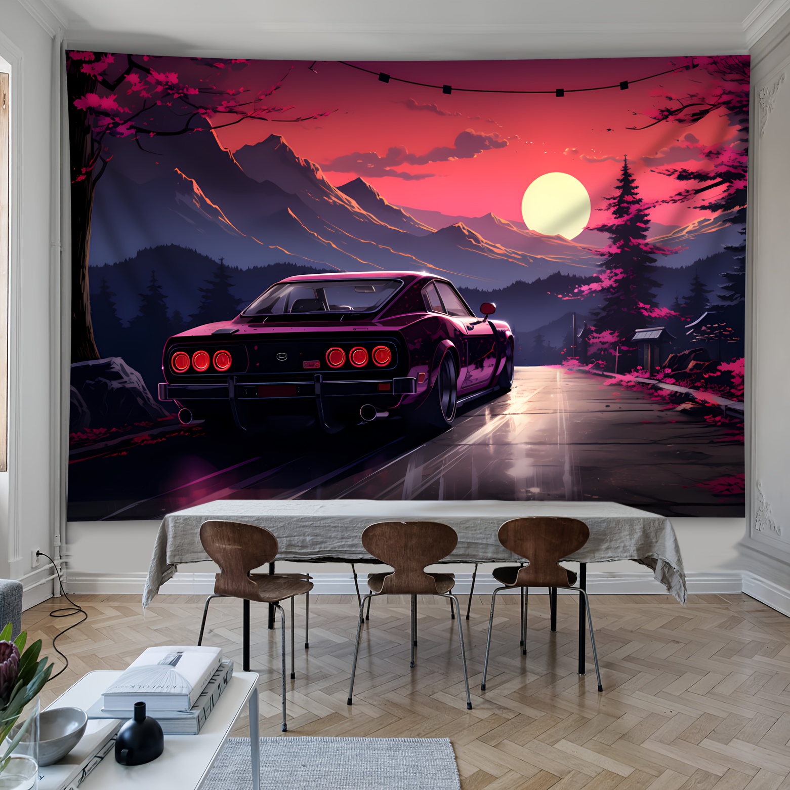 

Sunset Drive Car Tapestry - Large Woven Polyester Wall Hanging, Vibrant Vehicle-themed Art Decor For Living Room, Dorm, No-install Home Accent, Indoor Use, Scenic Mountain Road Backdrop
