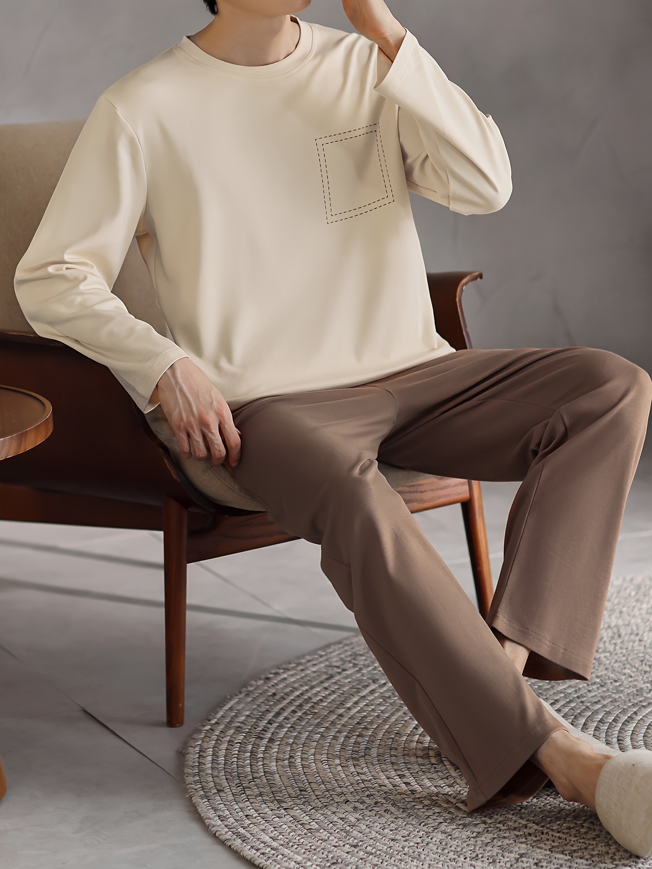 Men's Cotton Sleepwear Set - Casual Crew Neck Long Sleeve Pajama with Pockets - Geometric Pattern Knit Fabric Lounge Set for Spring/Fall - 100% Cotton Comfortable PJ Set with Slight Stretch