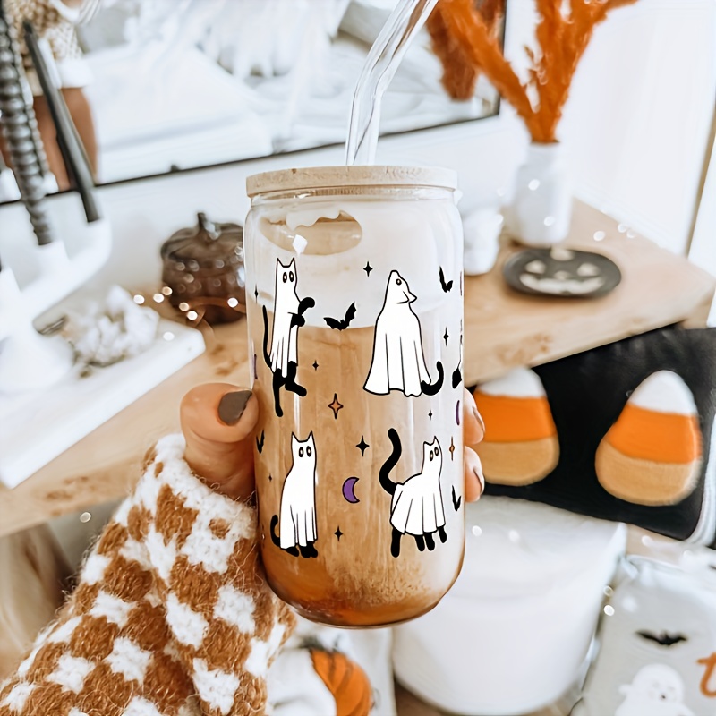 

Spooky Cute Cat 16oz Glass Cup - Coffee, Juice & Gifts, Reusable, Handwash Only