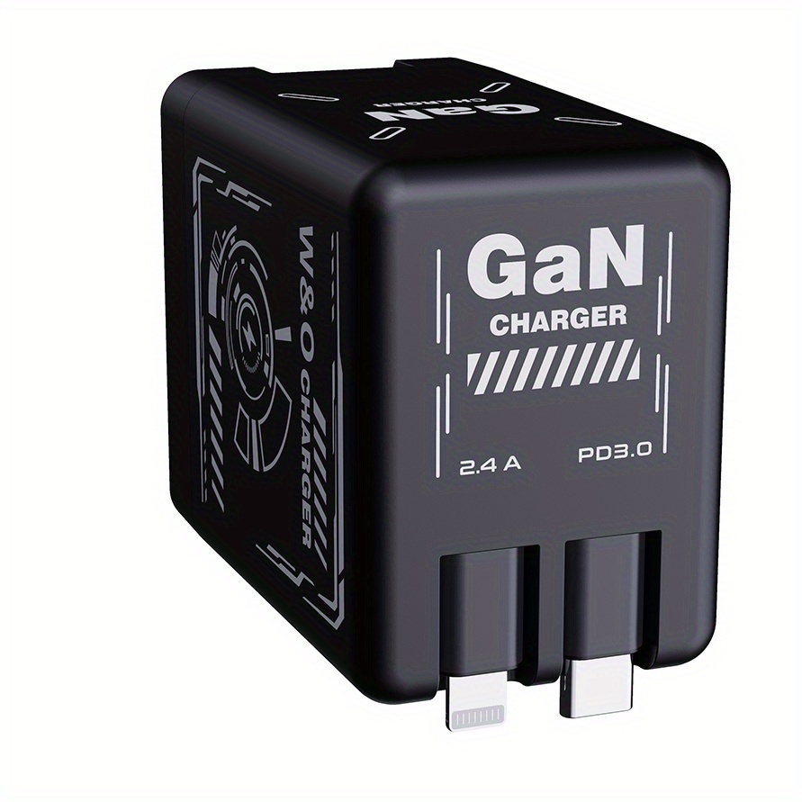 TEMU Chargeur Rapide Gan avec Câble Rétractable - Prise Pliable, avec Adaptateur de Voyage Portable Rétractable, Adaptateur de Voyage pour Iphone