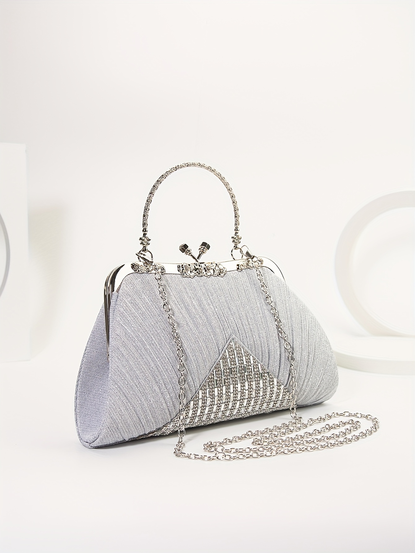 Gorgeous Rhinestone Evening Bag with Pleated Clasp Handbag, Sequined Vintage Tote Bag with Detachable Chain for Women's Dinner Party, Suitable for Parties, Dinners, Weddings