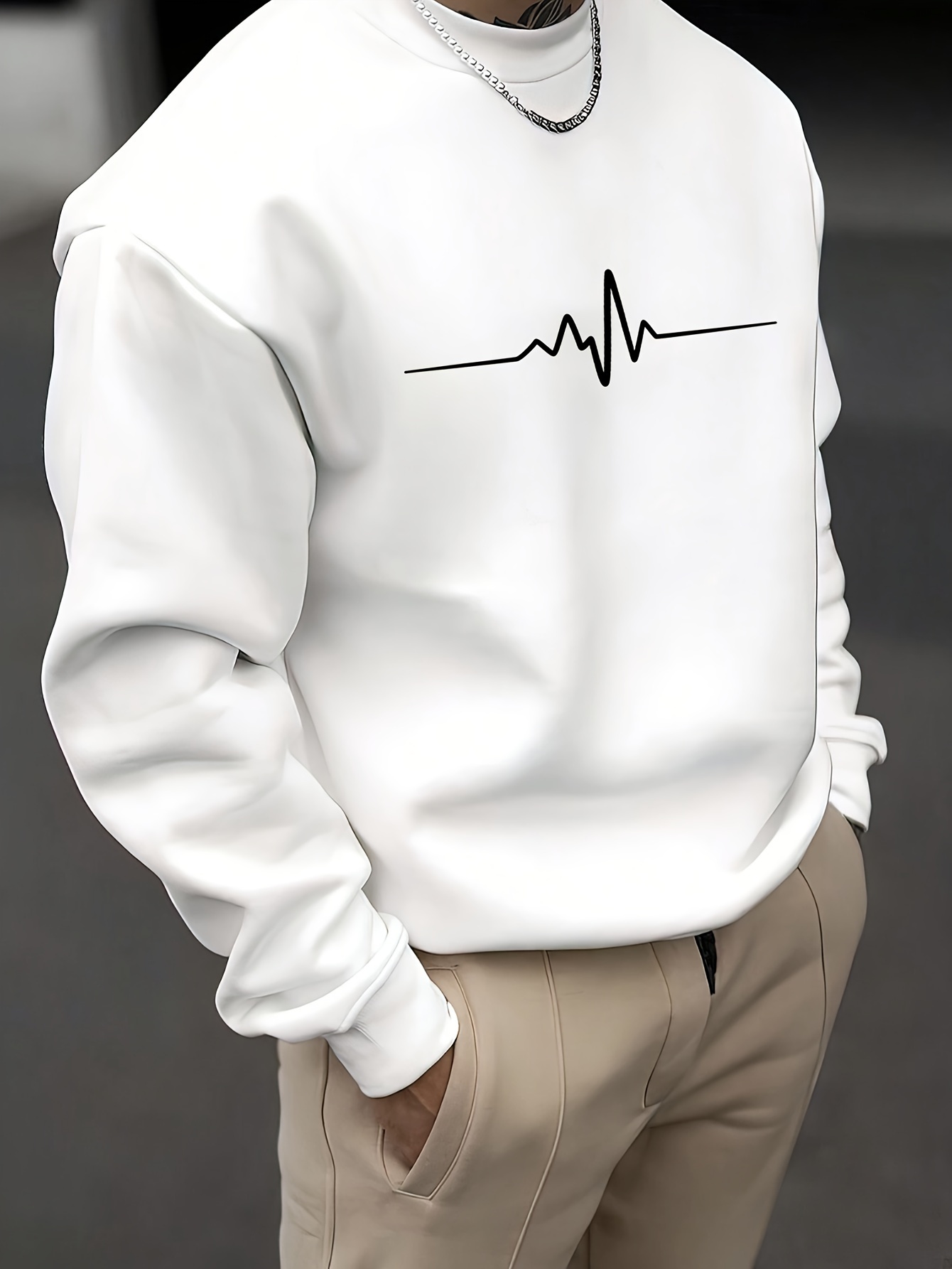 ECG Pattern Print Men's Long Sleeve Crew Neck Sweatshirt, Pullover Sweatshirt, Casual Comfortable Versatile Top For Spring & Autumn, Outdoor Sports