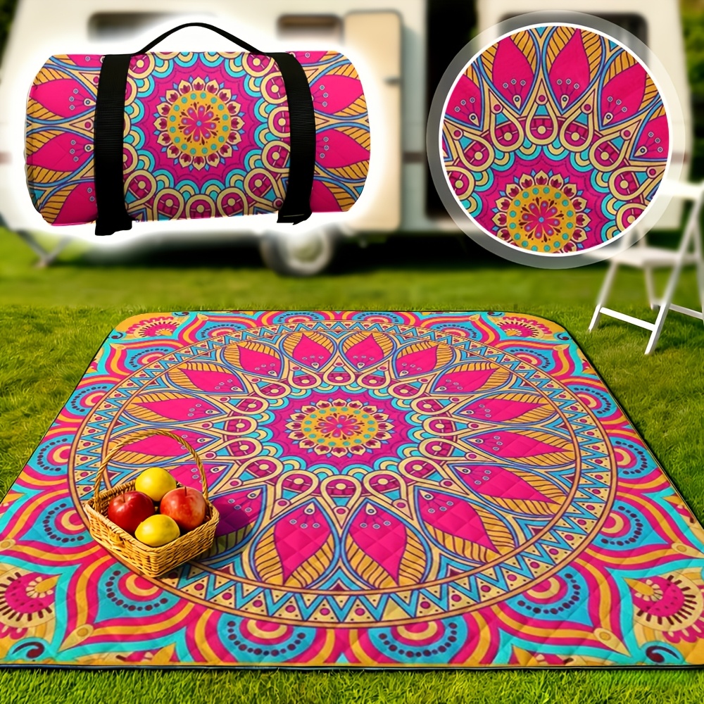TEMU 1pc, Boho Mandala Style 78"x78" Outdoor Picnic Blanket, Extra Large And Portable For Family Gatherings, Barbecues, Travel And Parent- Activities