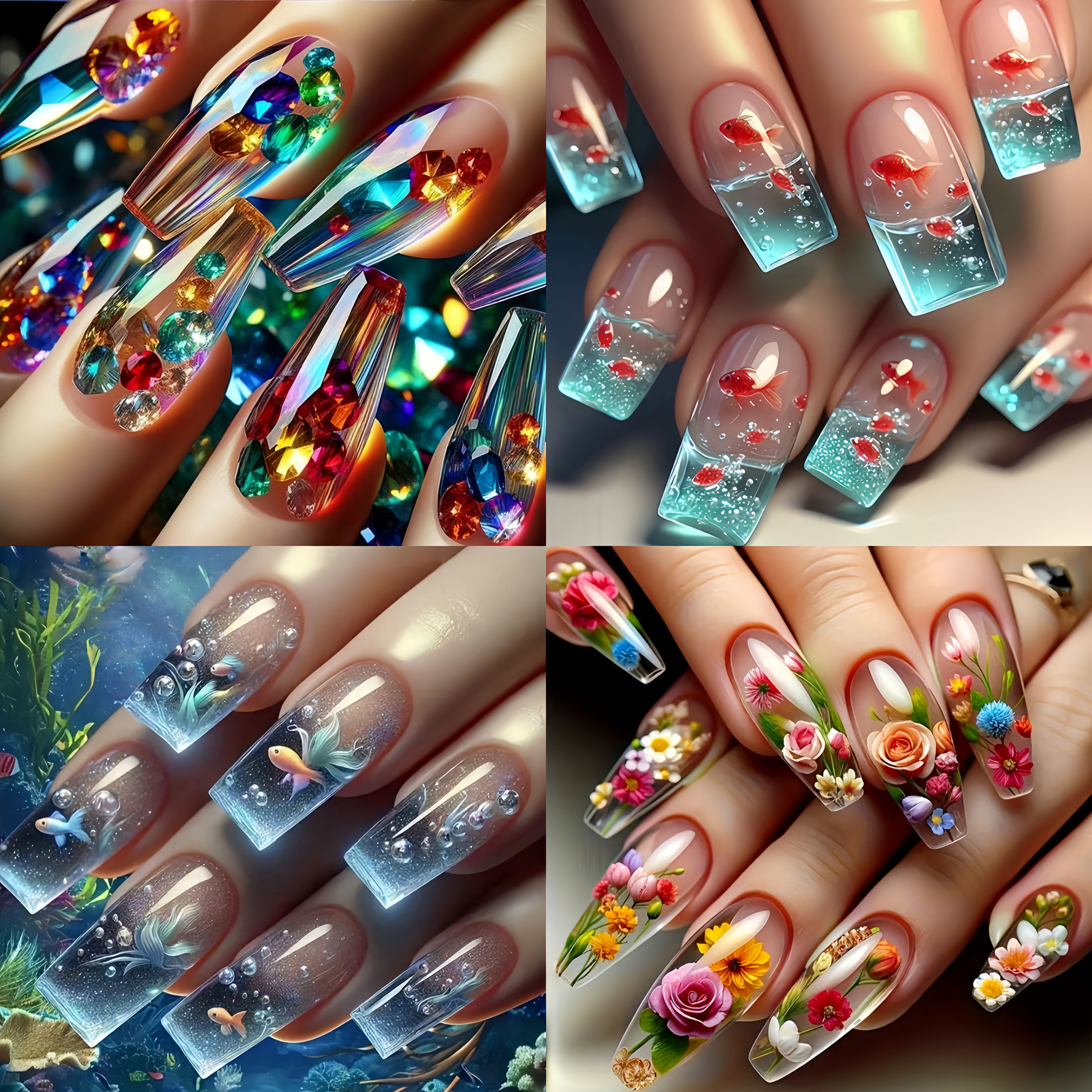 TEMU 96pcs Nail Sticker Set Floral Goldfish Pattern Nail Stickers Removable Nails Medium Length Square Artificial Nails Sticker Set