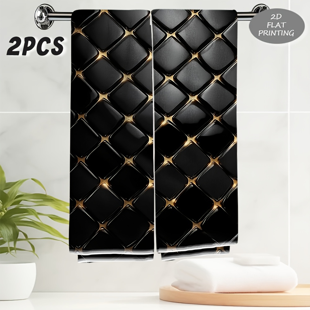 TEMU 2pcs Towel, 2d Flat Black Diamond Mesh With Golden Themed Print Pattern Towel, Exquisite Towel, New Year Gift, Soft And Skin-friendly, For Home