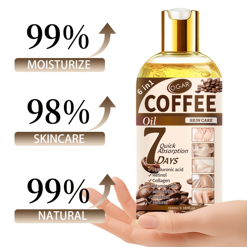 Ulei de îngrijire corporală cu cafea 6-în-1, bogat în ulei de cafea, retinol, colagen, vitamina C, vitamina E și alte nutrienți, bucură-te de masaj stil spa acasă, hidratare profundă, fermitate, luminozitate, potrivit pentru toate tipurile de piele, convenabil pentru acasă și călătorii