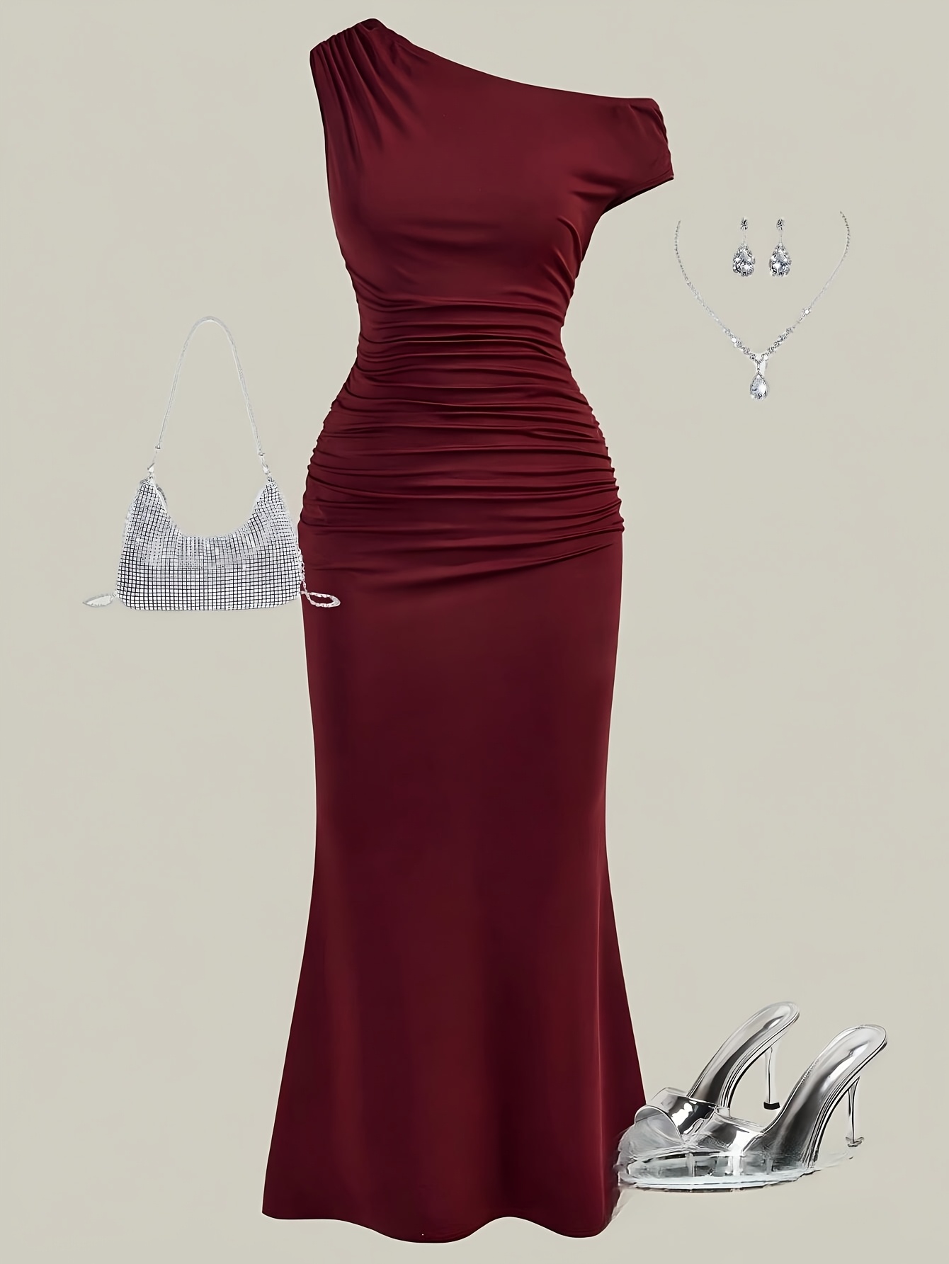 slim fit dress slacks Burgundy dress with gold feathers on hem and sleeves main image 1