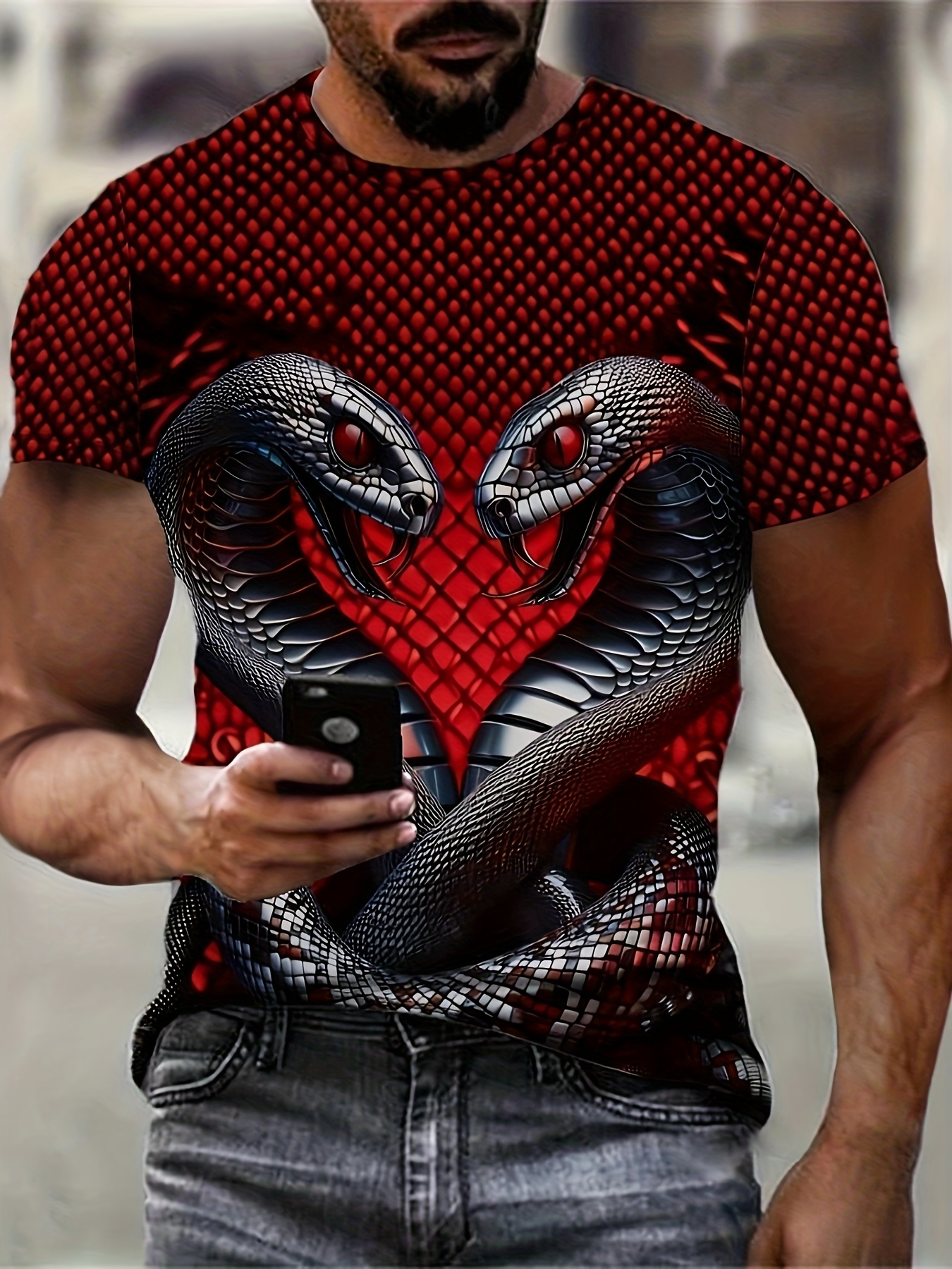 mens 3d   of snakes graphic t shirt casual short sleeve polyester blend red black with blue     machine washable for summer outdoor wear