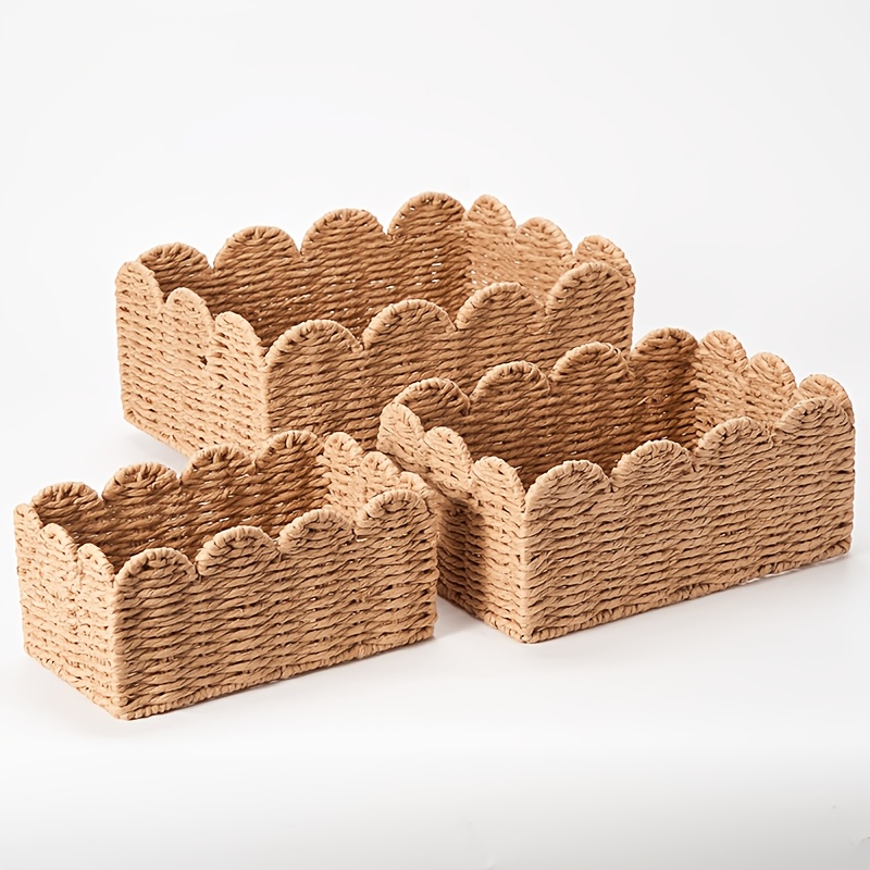 Image of 3pcs Scalloped Paper Rope Storage Baskets, Rectangular Organizer Cages, Vanity Table And Closet Multifunctional Storage, Shelf Baskets