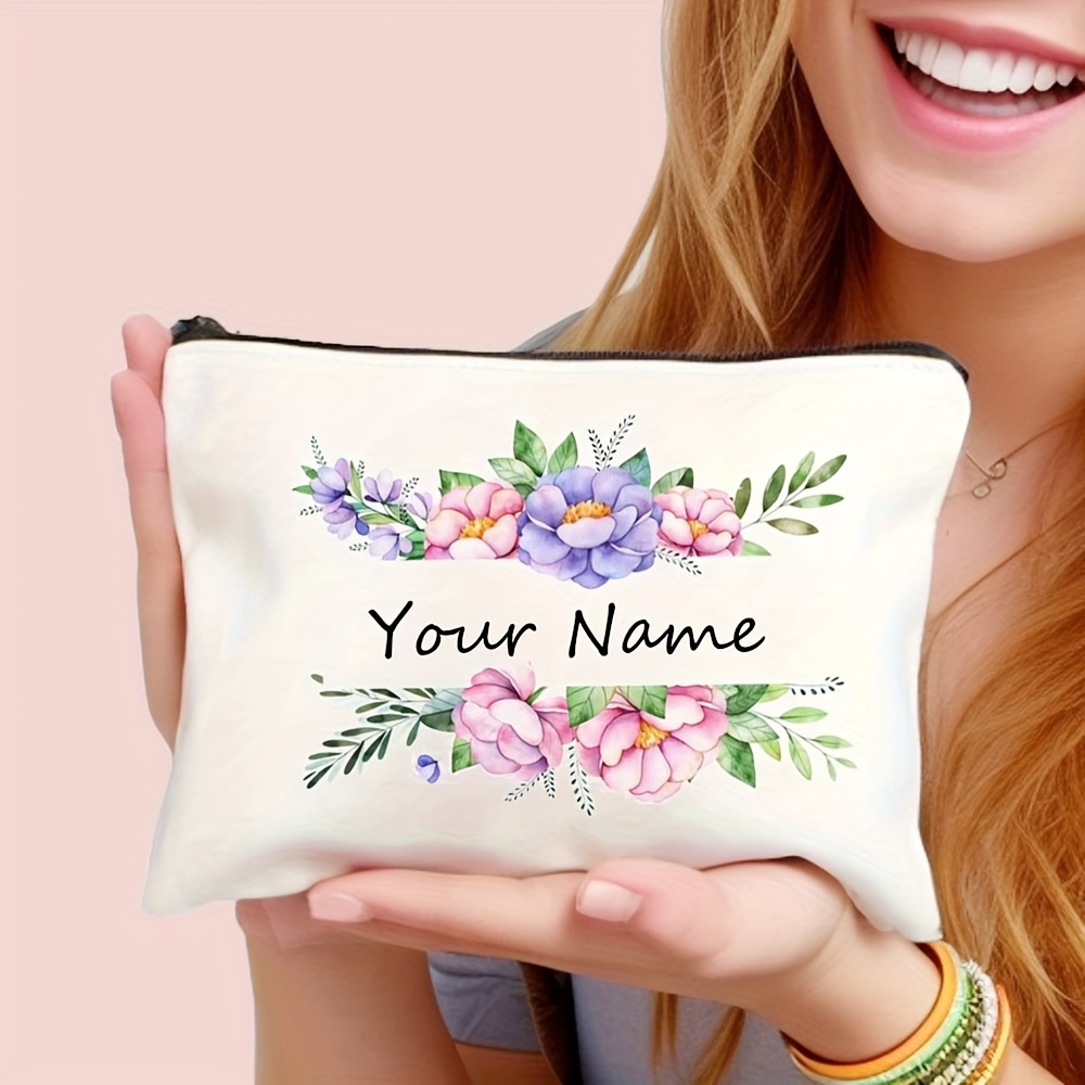 TEMU A Custom Name Pink Floral Cute Wedding Birthday Themed Cute Hand Makeup Bag, Durable And Large Capacity Storage Bag, Suitable For Parties,