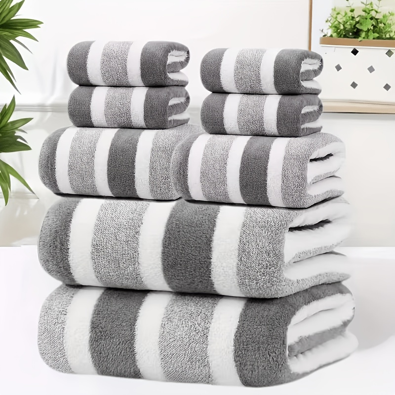 TEMU 8pcs Set Of Non-shedding Super Absorbent Soft Hotel Standard Single Color Striped Bath Towel Combination, Including 2 Large Bath Towels, 2 Size