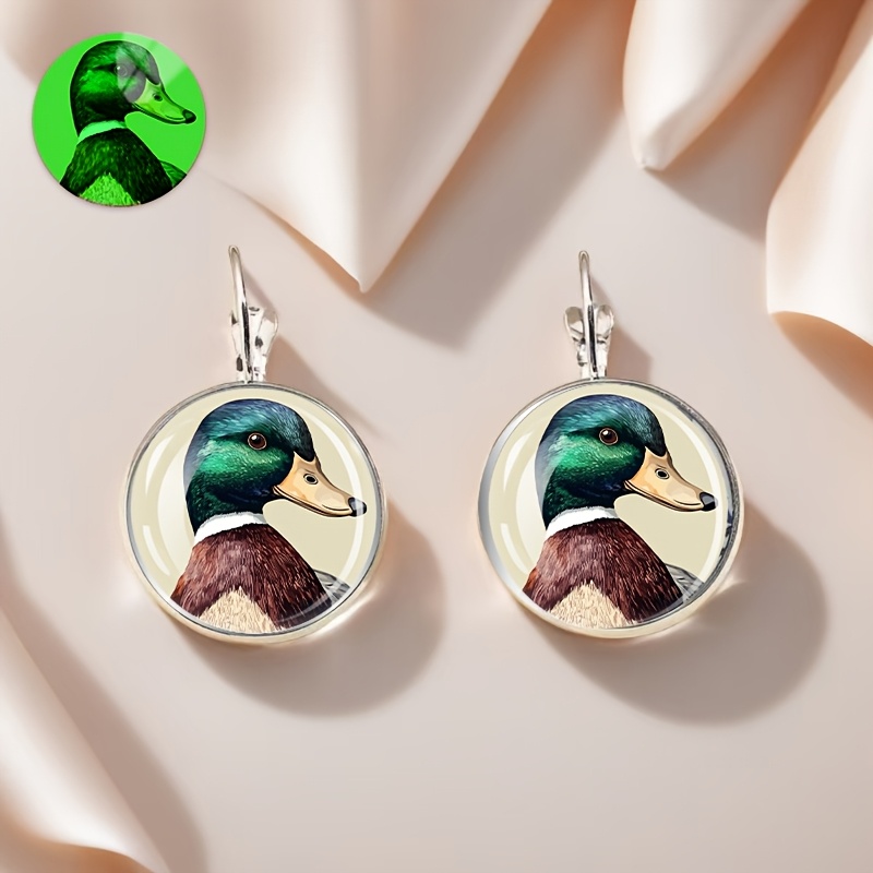 TEMU Green-headed Brown-bodied Duck Earrings, Solid Color Background, Fluorescent And Luminous Styles, Alloy Material With Glass Inlay, Women's