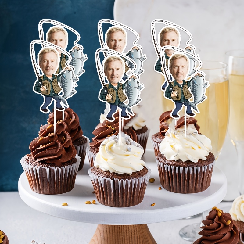 TEMU Personalized Fisherman Cake Topper With Custom Photo Face, Fishing Theme Cupcake Topper For Men's Birthday Retirement Party, Dessert Table