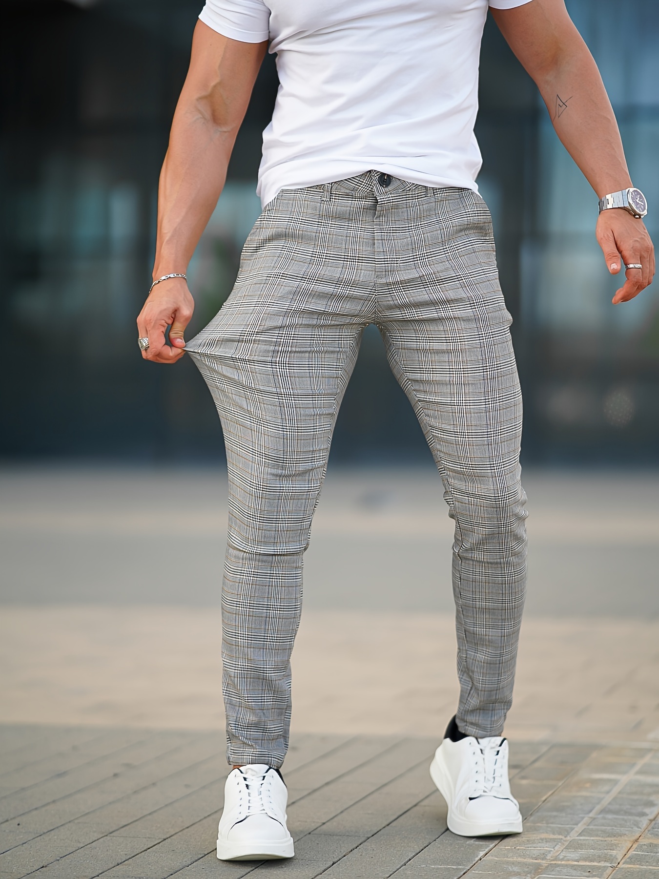 Men's Elegant Gray Plaid Slim-Fit Pants with Pockets - Breathable Viscose Blend, Stretch Fabric for Comfort, Ideal for Casual & Outdoor Activities, All-Season Wear