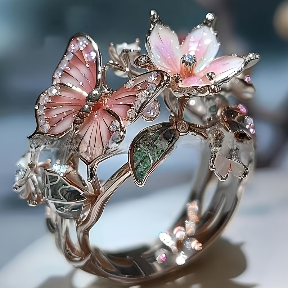 E-shop 1 Stück Eleganter Schmetterlingsblumenring, Hochwertiger Schmuck, Offener Ring, Ideal für Frauen, Hochzeits- oder Partygeschenk, Irisches