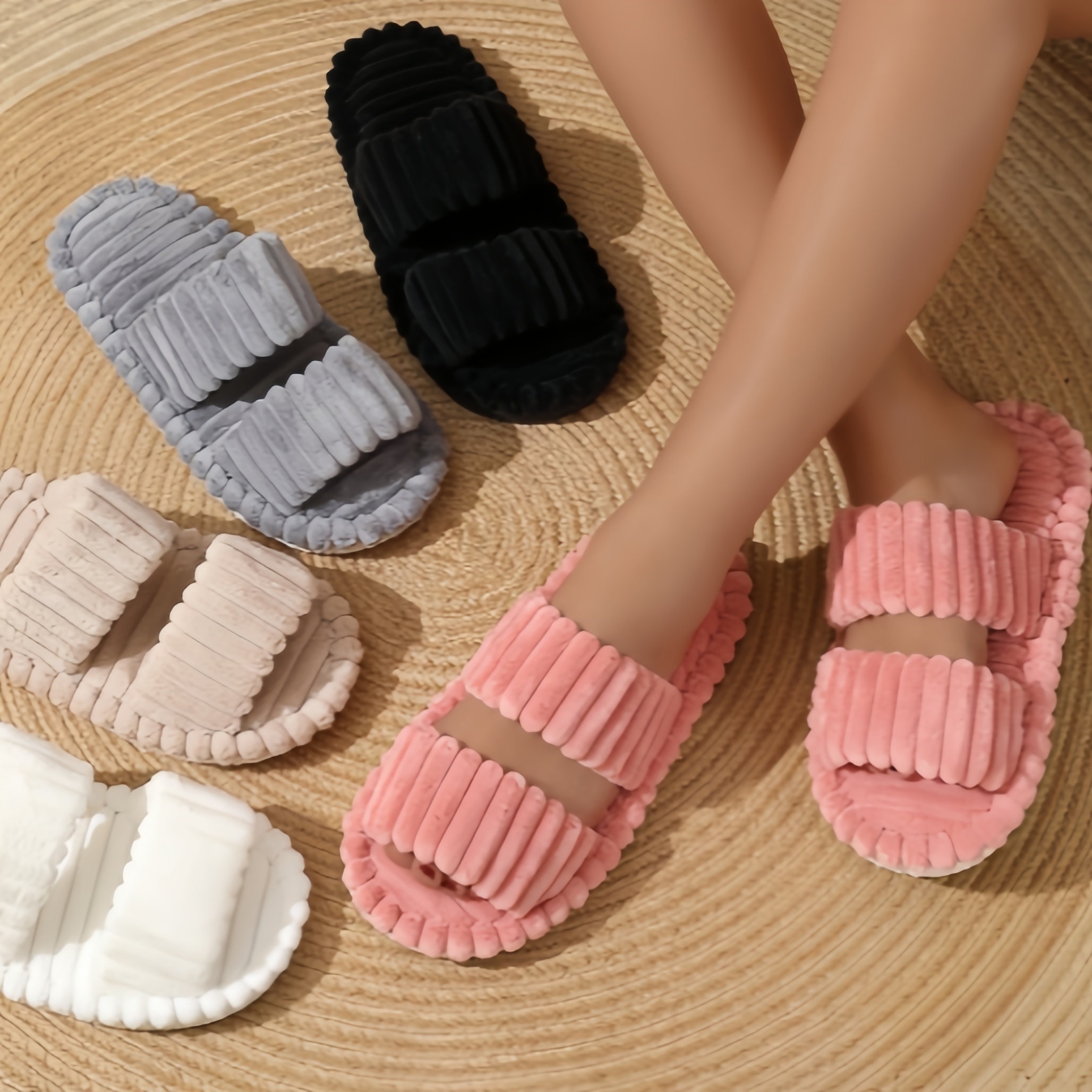 

Women's Plush Home Slippers, Solid Color Open Toe Soft Sole Fuzzy Shoes, Cozy & Warm Indoor Slippers